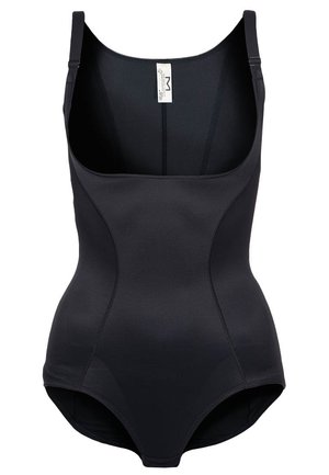 Μαύρο, ελαστικό κορμάκι με φαρδιές τιράντες, εφαρμοστή σχεδίαση, αδιάκοπη μπροστινή επιφάνεια και λεία υφή. Παρέχει μέτρια κάλυψη στα πόδια.