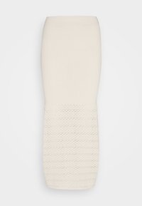 Kremowa spódnica ołówkowa z prążkowaną górną częścią i koronkowym wzorem na dolnej części, o prostym kroju, długość do kolan.