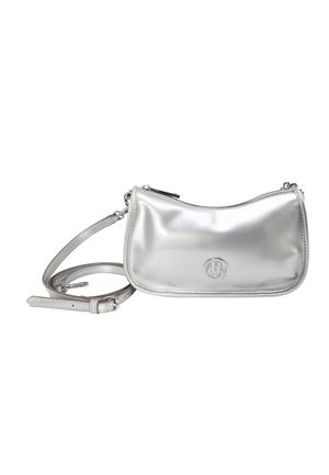 Small silver metallic shoulder bag with adjustable strap and rounded rectangular shape, featuring a subtle embossed logo on front.