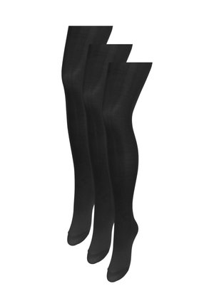 Tri páry čiernych nepriehľadných pančúch s hladkou textúrou a zosilnenými prstami, navrhnuté pre rovnomerné pokrytie a trvanlivosť.