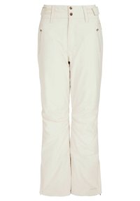 Pantaloni da sci di colore crema chiaro con design a gamba dritta, due tasche frontali e chiusura con bottone. Presentano cuciture sottili e una consistenza liscia.