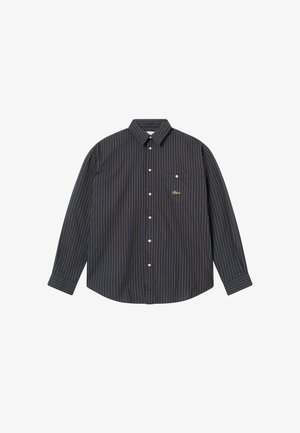 Navy blue long-sleeve shirt featuring thin vertical stripes in light blue and orange, a buttoned collar, single chest pocket, and embroidered logo.
