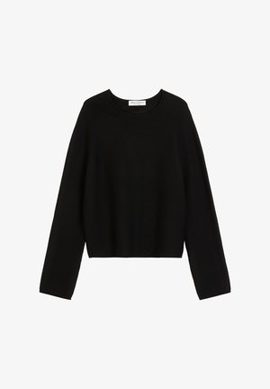 Pulover negru din tricot cu mâneci lungi, decolteu rotund și tiv scurt. Textură netedă, design minimalist, fără modele sau accente vizibile.