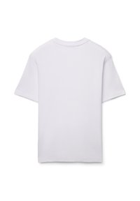 Weißes T-Shirt mit kurzen Ärmeln, Rundhalsausschnitt und lockerer Passform. Der Stoff wirkt glatt, ohne sichtbare Muster oder Akzente.