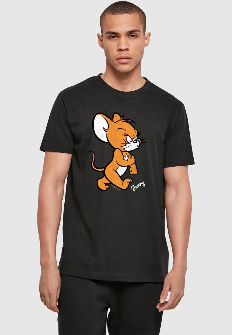 Zwarte katoenen t-shirt met een oranje cartoon muis ontwerp met een witte buik, en de tekst "Jerry" in het wit onder het karakter.
