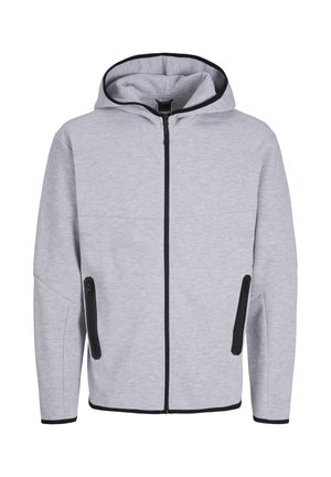 Light grey zip-up hoodie with a black trim around the hood and zipper. Features two side zippered pockets and a smooth, textured fabric.