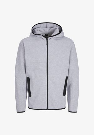 Hellgrauer Reißverschluss-Hoodie mit schwarzem Besatz an der Kapuze und dem Reißverschluss. Verfügt über zwei seitliche Reißverschlusstaschen und einen glatten, strukturierten Stoff.