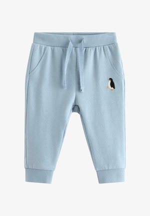 Ljusblå mjukisbyxor med ribbade muddar, justerbar midjeband, två sidofickor och en liten broderad pingvin-detalj.