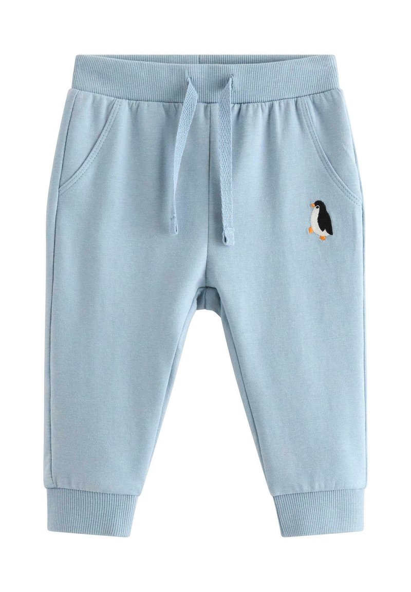 Vaaleansiniset collegehousut ribbineulottuine resoreineen, säädettävällä vyötäröllä, kahdella sivutaskulla ja pienellä brodeeratulla pingviinikoristeella.