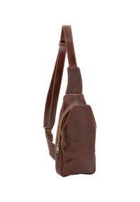 Una borsa a tracolla in pelle marrone con una superficie liscia, forma angolata, cinghia singola regolabile e una tasca frontale con zip. Dettagli cuciti lungo i bordi.