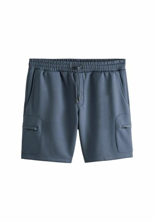 Herren blaue Casual-Shorts mit elastischem Bund, Kordelzug, zwei Seitentaschen und Reißverschluss-Cargotaschen an jedem Bein.