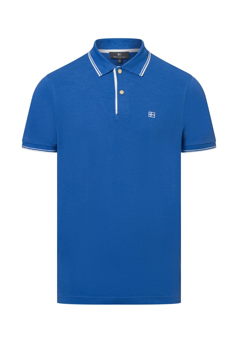 Niebieska koszulka polo wykonana z teksturowanej tkaniny, z dwoma guzikami, białymi paskami na kołnierzyku oraz małym logo na piersi.