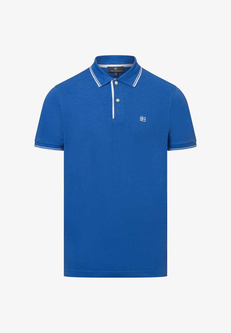 Niebieska koszulka polo wykonana z teksturowanej tkaniny, z dwoma guzikami, białymi paskami na kołnierzyku oraz małym logo na piersi.