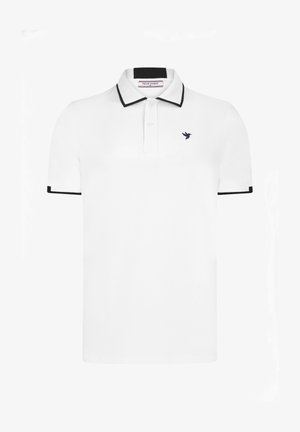 Polo bianco con bordi neri su colletto e maniche. Presenta una chiusura a tre bottoni. Include un piccolo logo di un uccellino blu sul lato sinistro del petto.