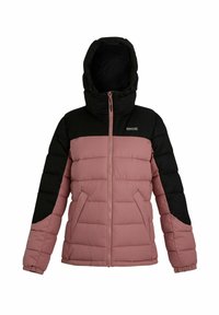 Veste matelassée bicolore avec capuche, noir sur le haut et les manches, mauve sur le bas du corps, fermeture éclair avant et deux poches latérales.