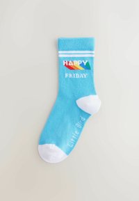 Blue cotton sock with white heel and toe, features "HAPPY" in rainbow colors and "FRIDAY" in white text beneath, ribbed cuff design.