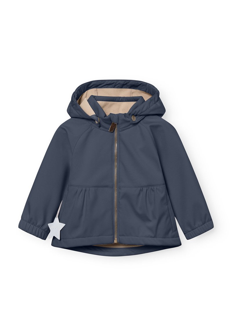 Marineblaue wasserdichte Jacke mit Kapuze, Reißverschluss, elastischen Bündchen und einem Peplum-Schnitt. Innenseite in Beige, inklusive einem sternförmigen Etikett.