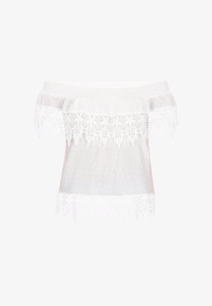 Weißes schulterfreies Oberteil aus leichtem Stoff, mit Punkten und einem Spitzenbesatz am Halsausschnitt und Saum. Weiche Textur.