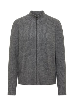 Grijze geribde cardigan met een hoge kraag en een rits over de volledige lengte. Zachte textuur en lange mouwen. Eenvoudig ontwerp zonder patronen of accenten.