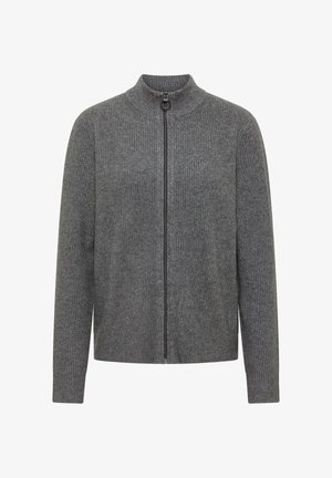 Cardigan grigio a coste con colletto alto e zip a tutta lunghezza. Texture morbida e maniche lunghe. Design semplice senza fantasie né dettagli.