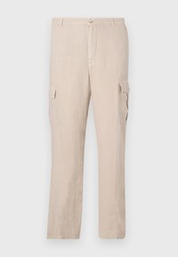 Šviesiai rudos spalvos lininiai cargo kelnių, turinčių dvi šonines kišenes, priekinį mygtuko užsegimą ir tiesius kojų kirpimus su lygiu paviršiumi.