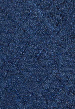 Tejido azul profundo con textura y un patrón de diamantes, que presenta una superficie suave y peluda y hilos irregulares, proporcionando profundidad y calidez.
