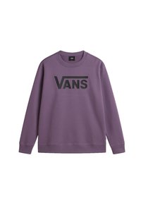 Sudadera morada hecha de una mezcla de algodón. Cuenta con un cuello redondo, mangas largas, puños acanalados y un logotipo negro de "VANS" en el pecho.