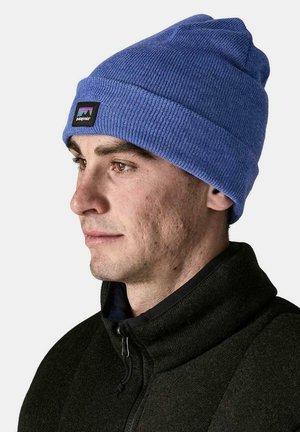 Hombre con un gorro de punto azul con el logo de Patagonia y una chaqueta oscura con cremallera, mostrado de perfil contra un fondo liso.
