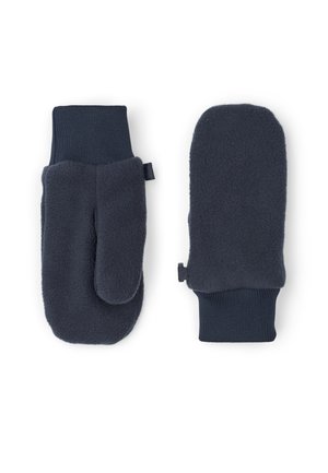 Par de manoplas de forro polar azul oscuro con puños de punto acanalado y un pequeño lazo de tela a cada lado para colgar o sujetar.