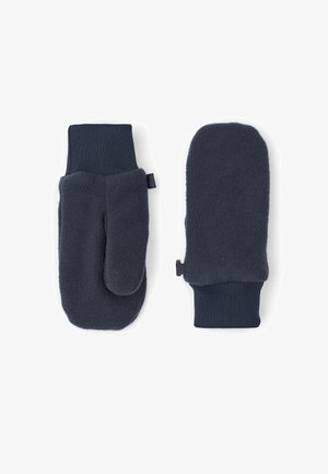 Par de manoplas de forro polar azul oscuro con puños de punto acanalado y un pequeño lazo de tela a cada lado para colgar o sujetar.
