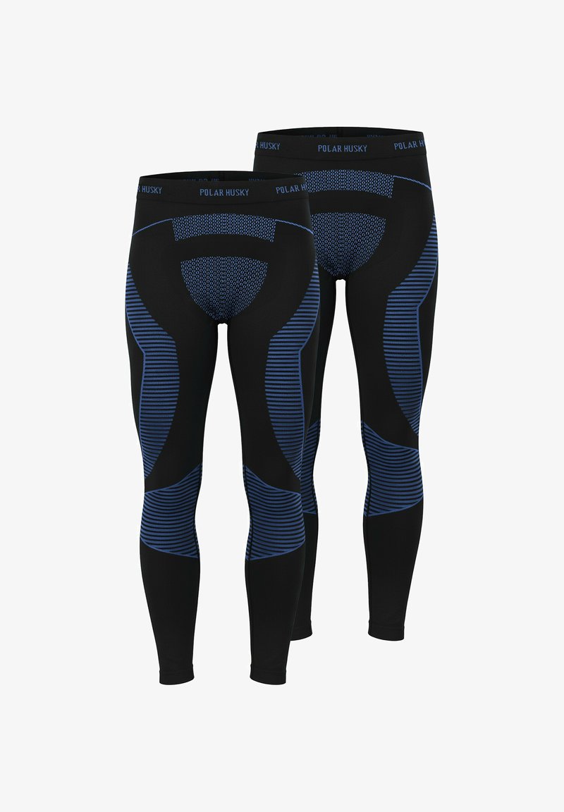 Schwarze Leggings mit blauem geometrischem Muster, ausgestattet mit einem strukturierten Bund und seitlichen Akzenten. Glattes Material, eng anliegende Passform und dehnbares Design.