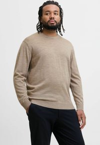 Ljusbeige långärmad tröja med rund halsringning och ribbade manschetter, tillverkad av ett mjukt stickat material, kombinerad med mörka byxor.