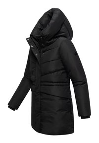 Black puffer jacket featuring a high collar, long sleeves, quilted texture, and side pockets. Made of lightweight, water-resistant material.