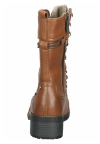 Bottines en simili cuir brun avec une finition texturée, fermeture éclair latérale et lacets décoratifs. Semelle et talon en caoutchouc noir robuste.