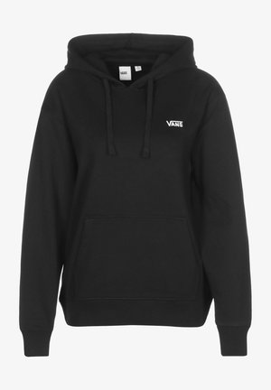 Černá mikina s kapucí z měkké látky, s přední kapsou, stahovací kapucí a bílým logem Vans na hrudi. Žebrované manžety a spodní lem.