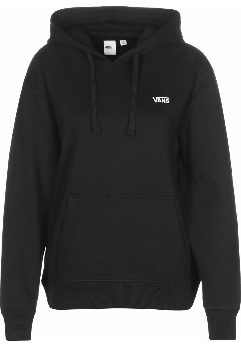 Sweat à capuche noir en tissu doux avec une poche avant, une capuche à cordon, et un logo Vans blanc sur la poitrine. Poignets et ourlet côtelés.
