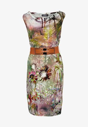 Kukkakuosiset mekko kevyestä kankaasta, jossa on istuva siluetti. Varustettu leveällä ruskealla vyöllä, jossa on metallisia yksityiskohtia. Värit ovat vihreä, vaaleanpunainen ja valkoinen.