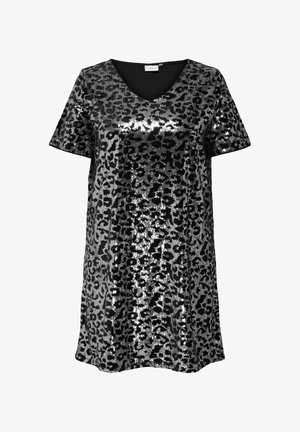 Zwarte en zilveren pailletten jurk met een V-hals, korte mouwen en een losse pasvorm met een luipaardprint. Glad, glanzend textuur.