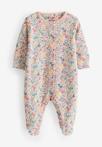 Combinaison bébé florale en coton doux, ornée de fleurs pastel sur un fond clair, à manches longues et avec un bouton-pression au niveau du cou.