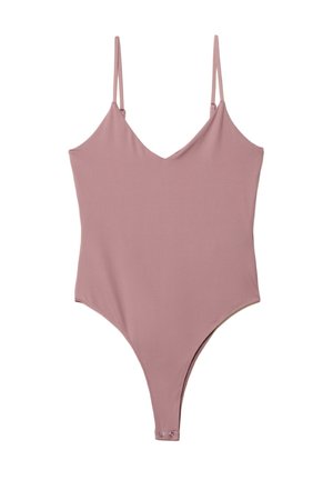 Jasnoróżowy bodysuit z głębokim dekoltem w kształcie V, cienkimi ramiączkami i tyłem w stringi. Wykonany z gładkiego, elastycznego materiału. Bez wzorów ani detali metalowych.