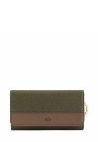 Portefeuille en cuir vert et marron avec une finition texturée, de forme rectangulaire, fermeture à rabat et un accent en anneau doré sur un côté.