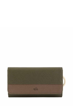 Green and brown leather wallet with a textured finish, rectangular shape, flap closure, and a gold ring accent on one side.