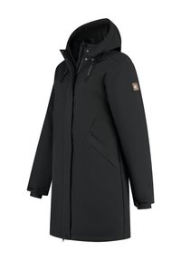 Manteau d'hiver long noir avec capuche, fermeture éclair à l'avant, boutons-pression, poches latérales inclinées et poignets ajustables avec bandes Velcro.