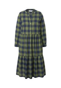Grünes und marineblau kariertes Kleid mit langen Ärmeln, einer knöpfbaren Blende und einem gestuften Rockdetail. Hergestellt aus weichem Stoff mit entspannter Passform.