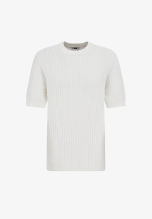 Valge lühikeste varrukatega soonikkoes kampsun ümarate kaelusega ja tekstureeritud vertikaalse triibumustriga.