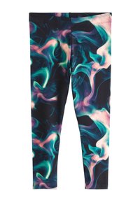 Fekete alapon több színű, absztrakt örv�énymintával díszített leggings, türkiz, lila és rózsaszín árnyalatokban. Puha, rugalmas anyag.