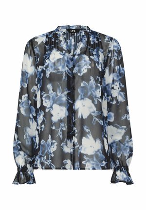 Läpinäkyvä musta pusero, jossa sinivalkoinen kukkakuvio, napitus edessä, poimutetut kalvosimet röyhelöyksityiskohdalla ja pienet laskokset kaula-aukon lähellä.