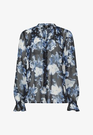 Schwarze transparente Bluse mit blau-weißem Blumenmuster, Knopfleiste, geraffte Bündchen mit Rüschenverzierung und kleinen Falten in der Nähe des Halsausschnitts.