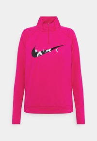 Fuchsia-Halbzip-Sportpullover aus glattem Synthetikmaterial mit einem schwarzen Nike-Logo und einem Stehkragen-Design.