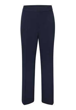 Navyblauwe op maat gemaakte broek met een rechte pijpdesign, gladde stof, een platte voorkant en zonder zichtbare zakken. Reguliere taillebandafwerking.